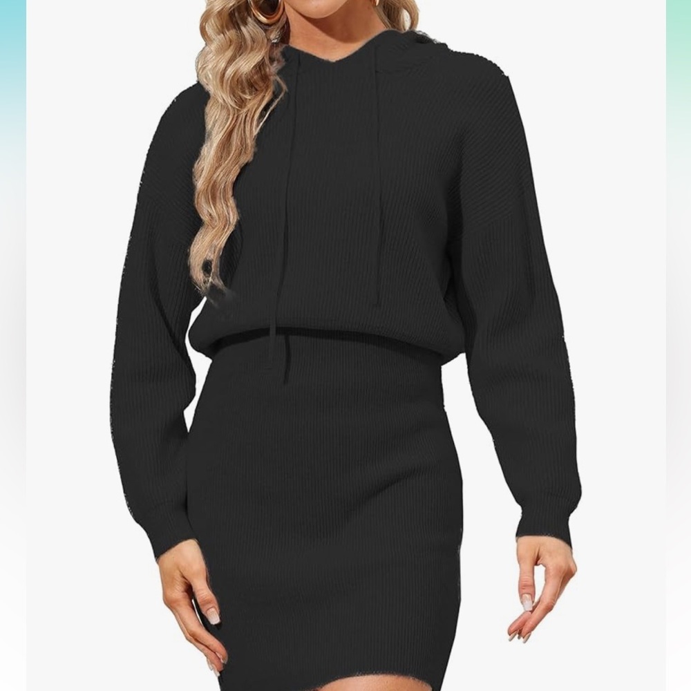 Women’s Long Sleeve Hooded Sweater Dress in Black M NWOT